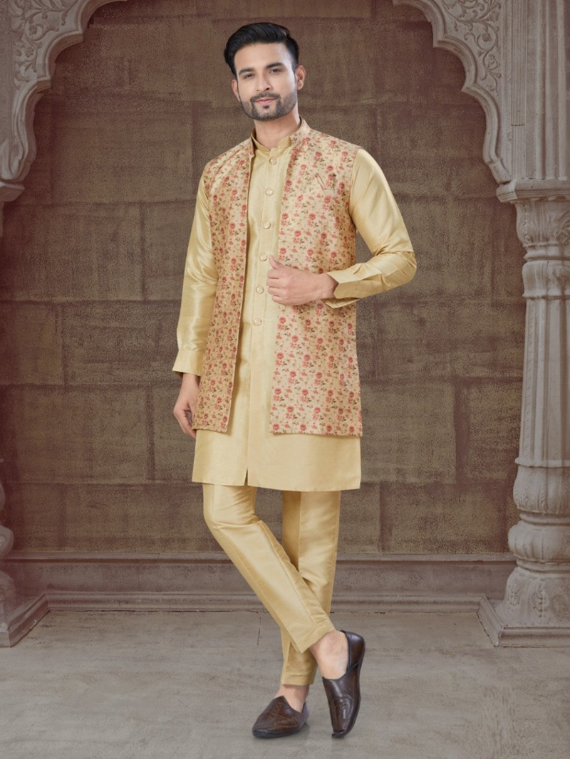 Ethnic Festive  Pure Silk Gold Kurta Pajama Set