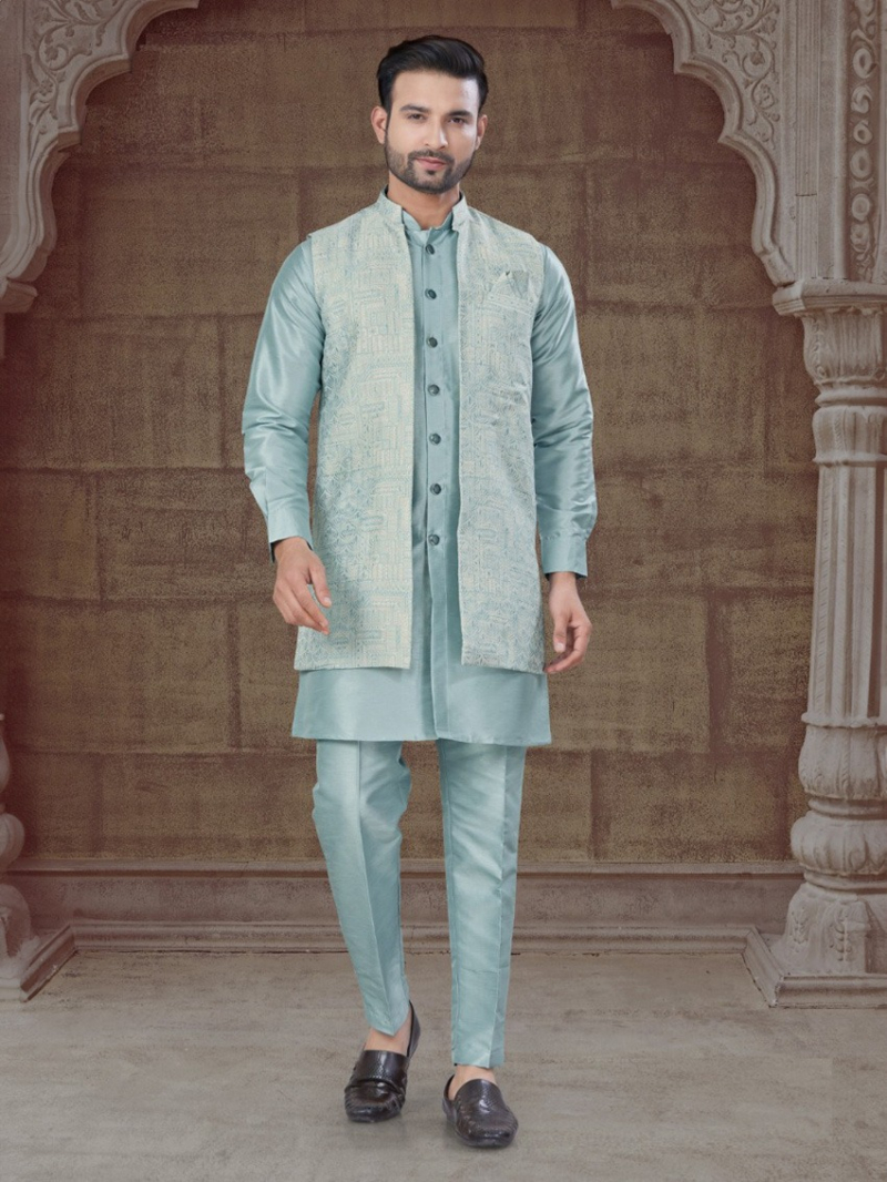 Ethnic Festive   Pure Silk Sky Green Kurta Pajama Set