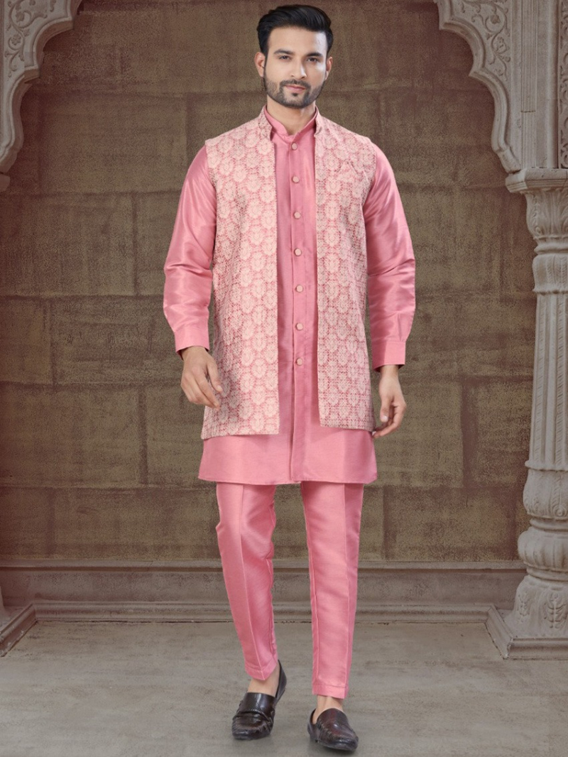 Ethnic Festive Pure Silk Peach Kurta Pajama Set
