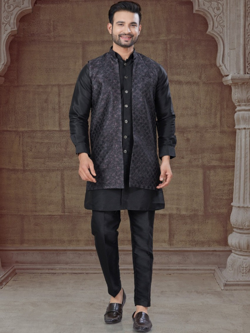 Ethnic Festive  Black Pure Silk Kurta Pajama  Set