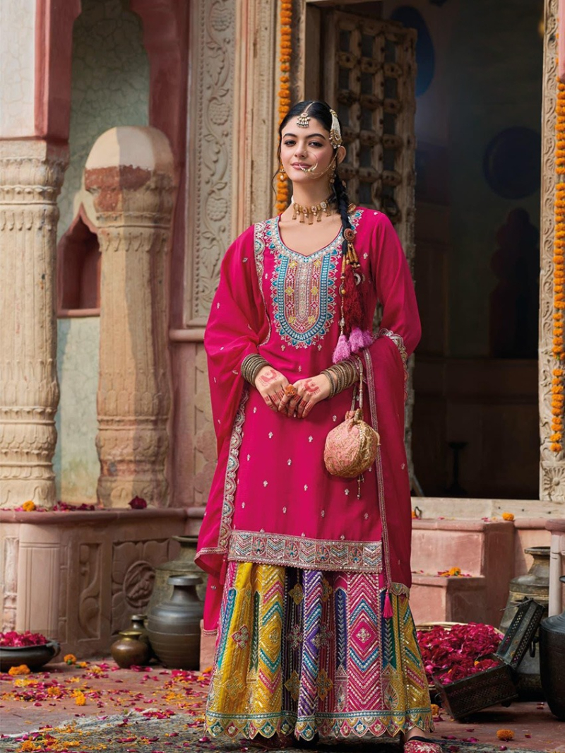 Elegant Ethnic  Rani Pink Multicolor Embroidered Sharara Suit
