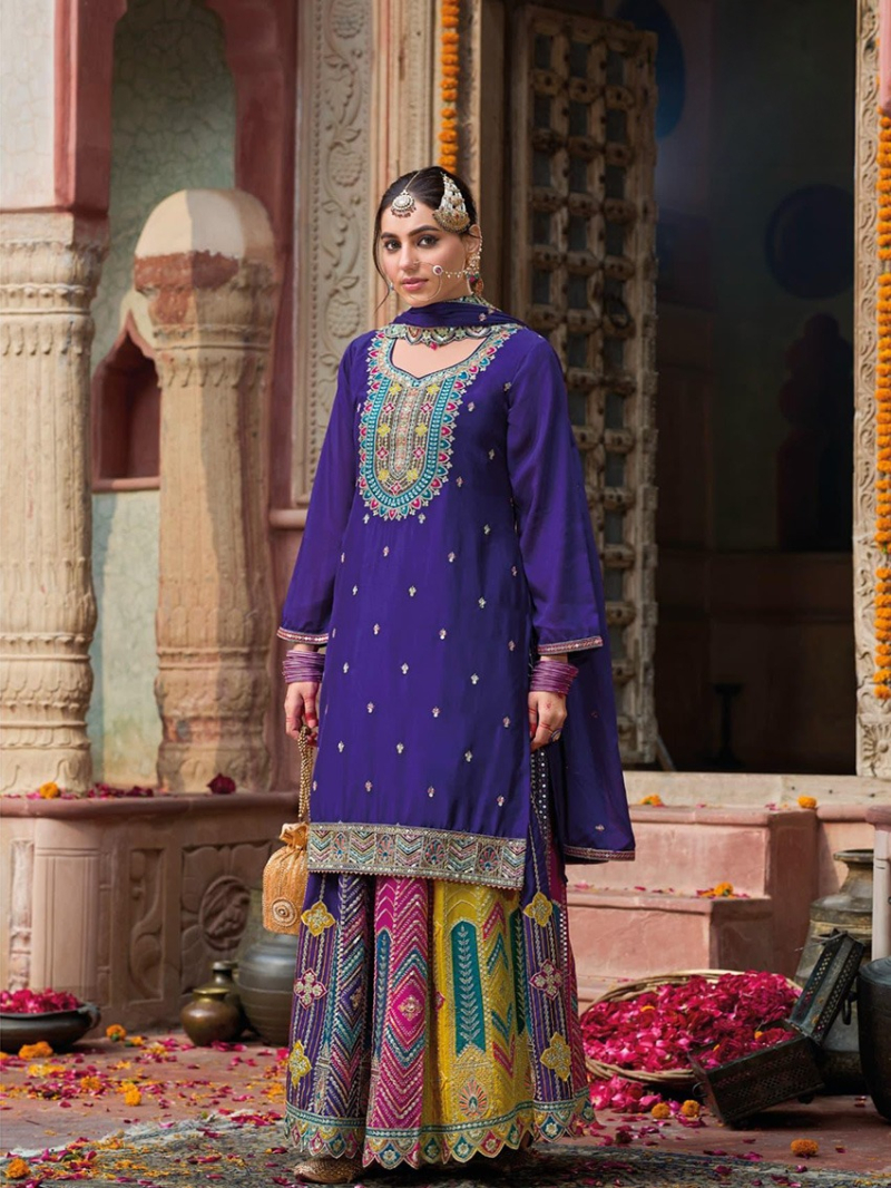 Ethnic Traditional Royal Purple  Multicolor Embroidered Sharara Suit 