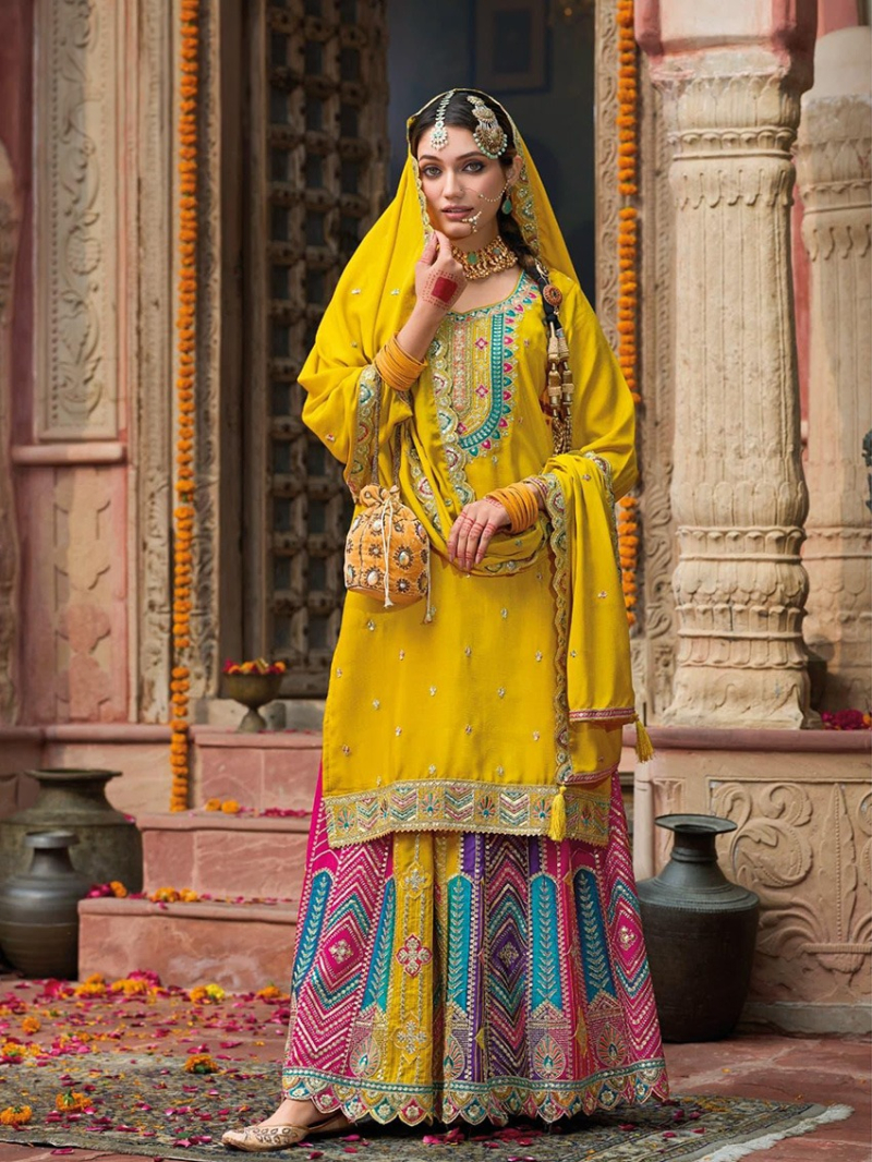 Elegant Mustard  Multicolor Embroidered Sharara Suit