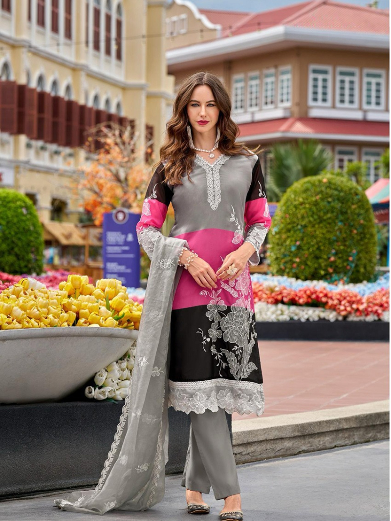 Ethnic Casual Festive Black, Pink & Grey Organza Straight Suit