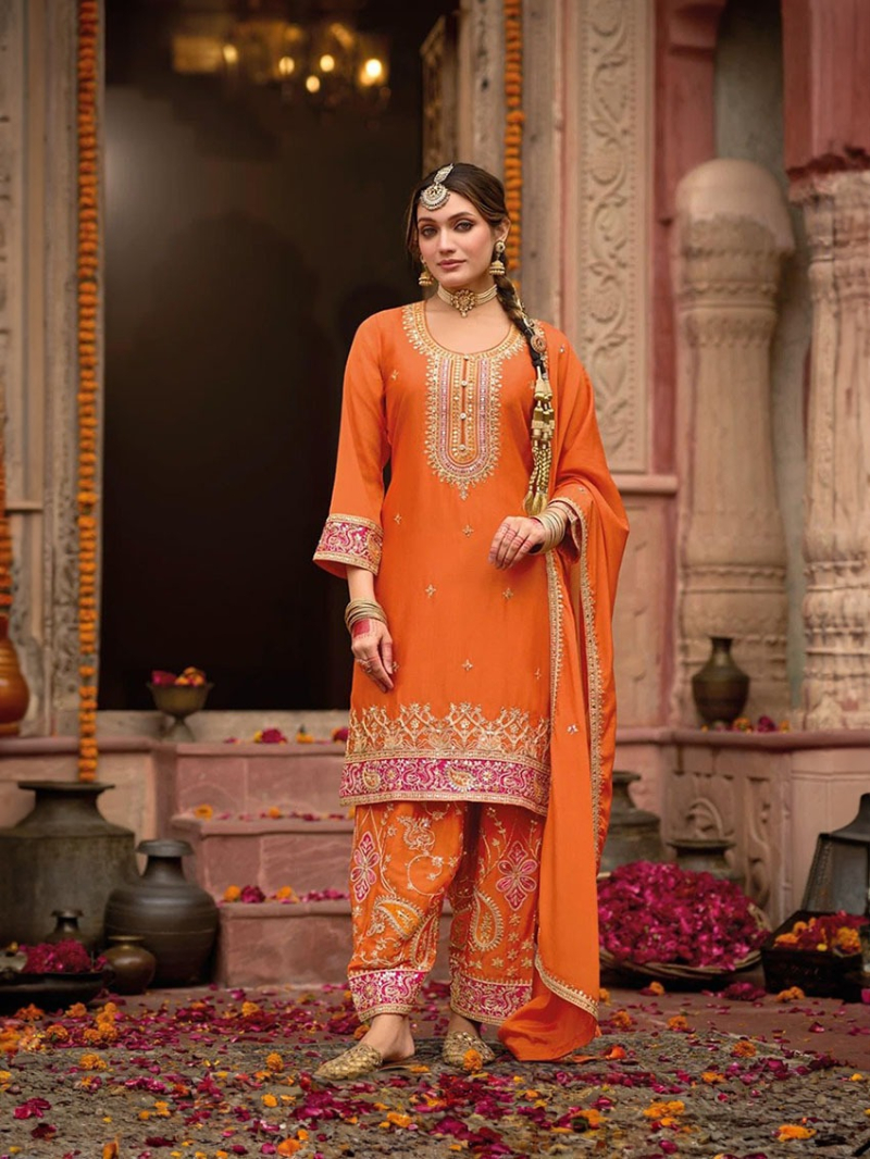 Ethnic Festive Rust Embroidery Patiala Suit 