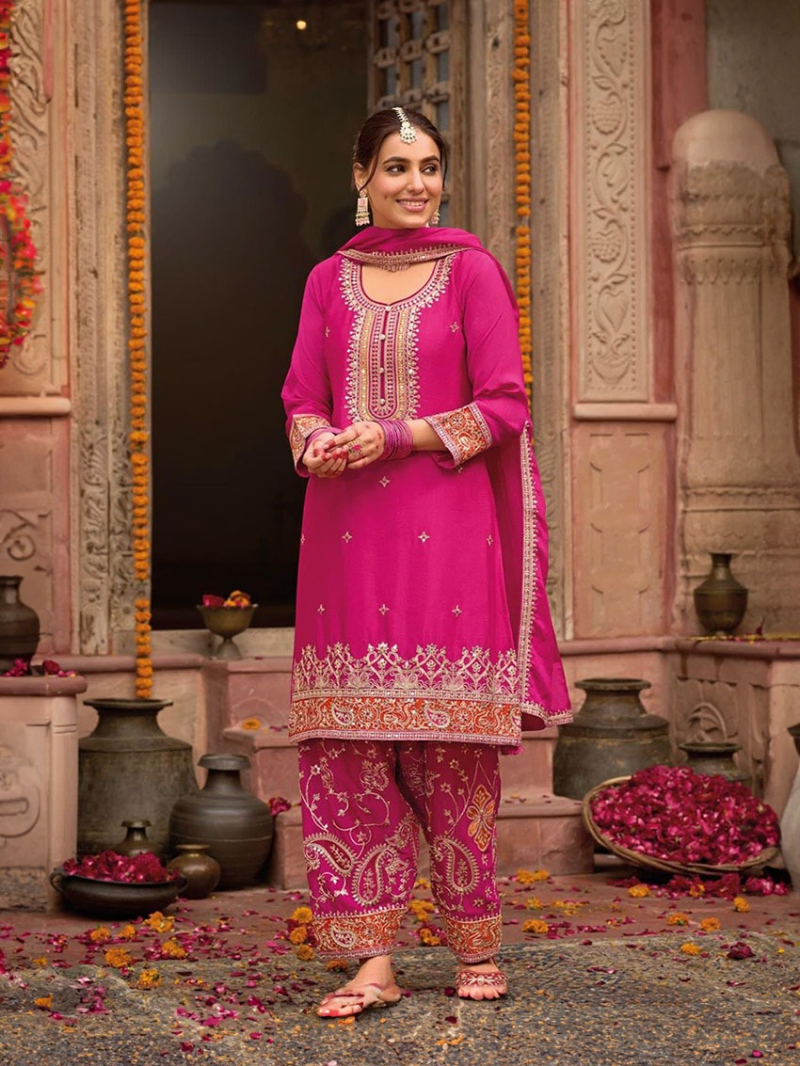 Elegant Rani PInk Chinnon Silk with Zari & Embroidery Patiala Suit 