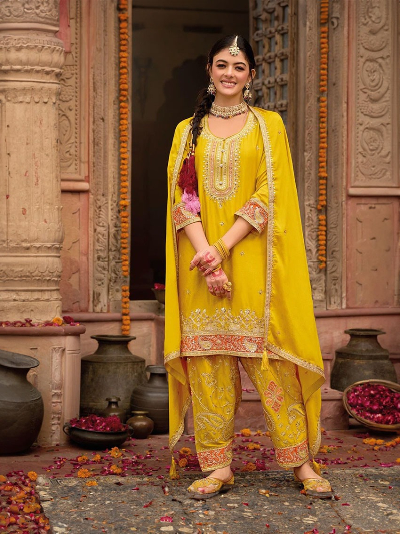 Elegant Ethnic  Traditional Mustard Embroidery Patiala Suit