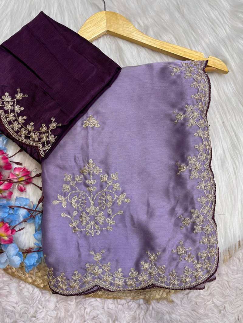 Elegant Ethnic Lavender Satin Chiffon Saree