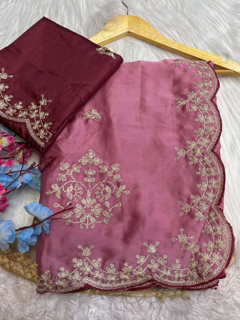 Traditional Festive  Rose Pink Satin Chiffon Saree