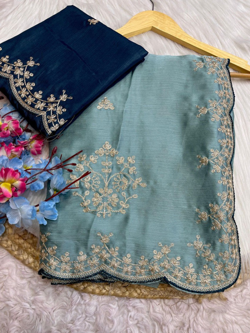 Elegant Ethnic Festive  Pastel Blue Satin Chiffon Saree