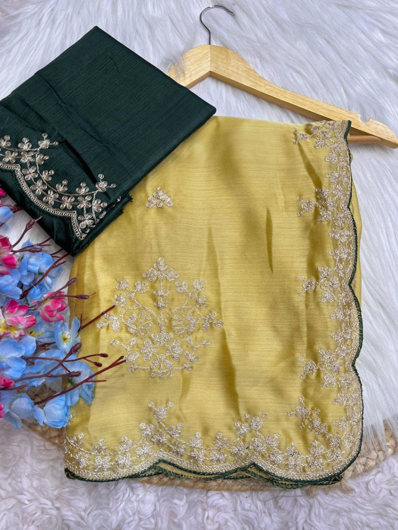 Ethnic Festive  Yellow Satin Chiffon Saree