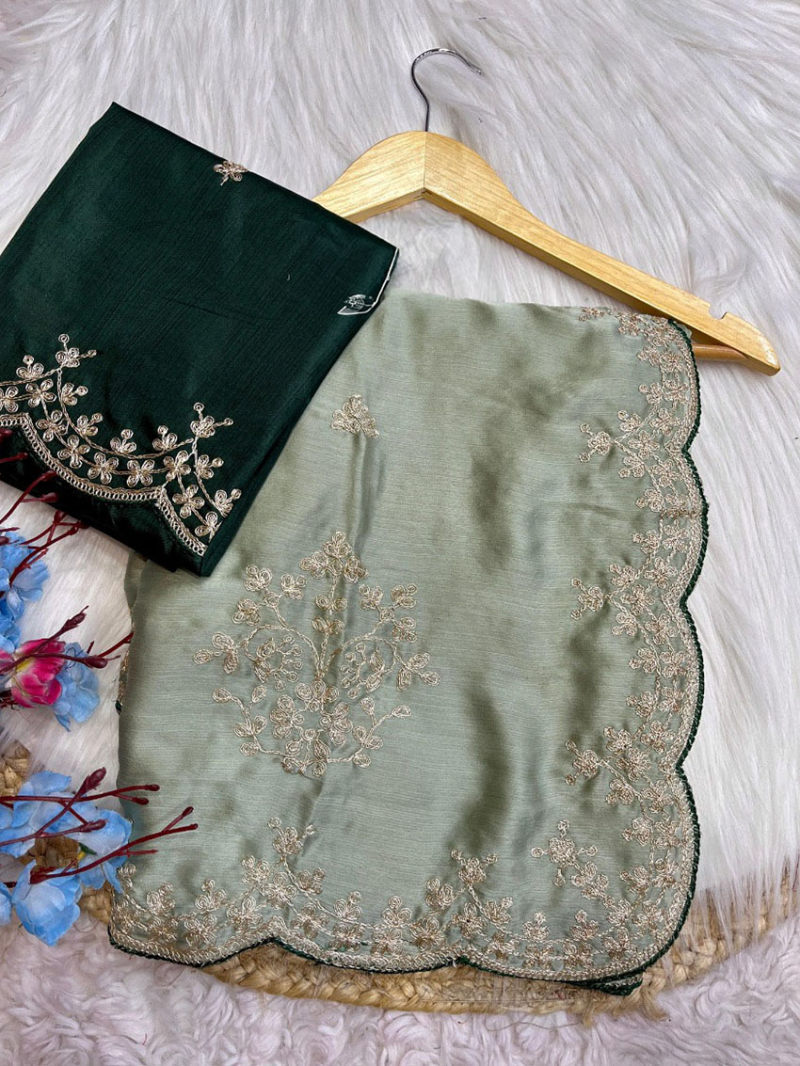 Elegant Ethnic Pista Satin Chiffon Saree