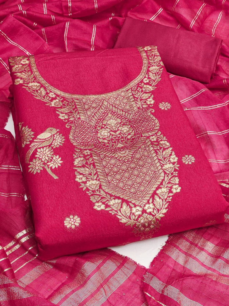 Traditonal Casual Rani Pink Banarasi  Jaqurad Straight Suit