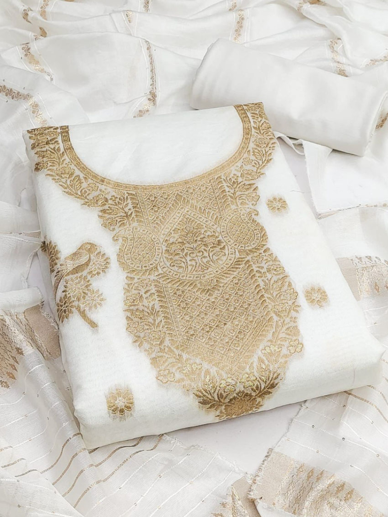 Elegant Casual White Banarasi Jaquard Staright Suit