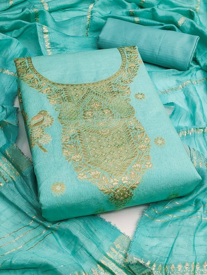 Authantic Casual Turquoise Banarasi Jaquard Straight Suit