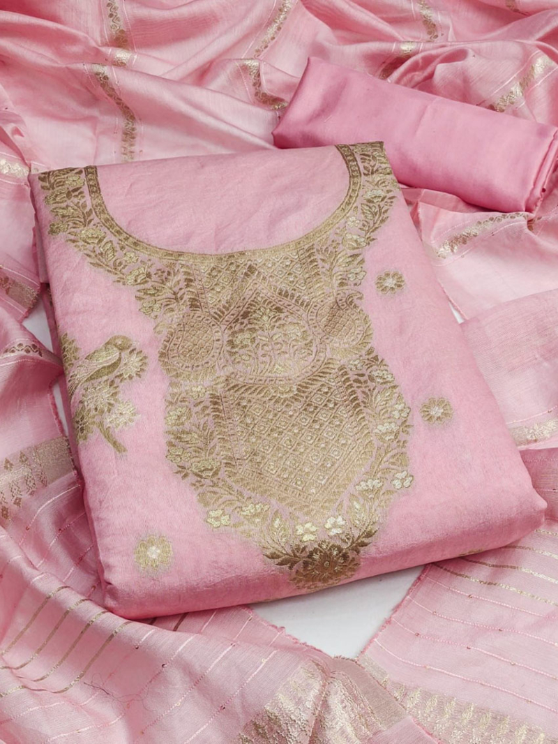 Traditonal Casual Pink Banarasi Jaqurad Straight Suit