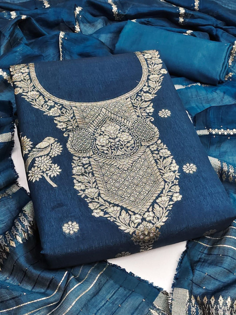 Authantic Casual Teal Blue Banarasi Jaquard Straight Suit