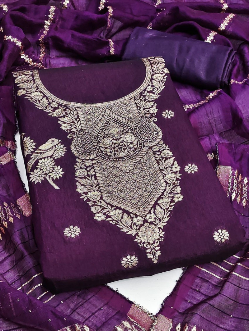 Traditional Casual Deep Purple Banarasi Jaquard Straight Suit