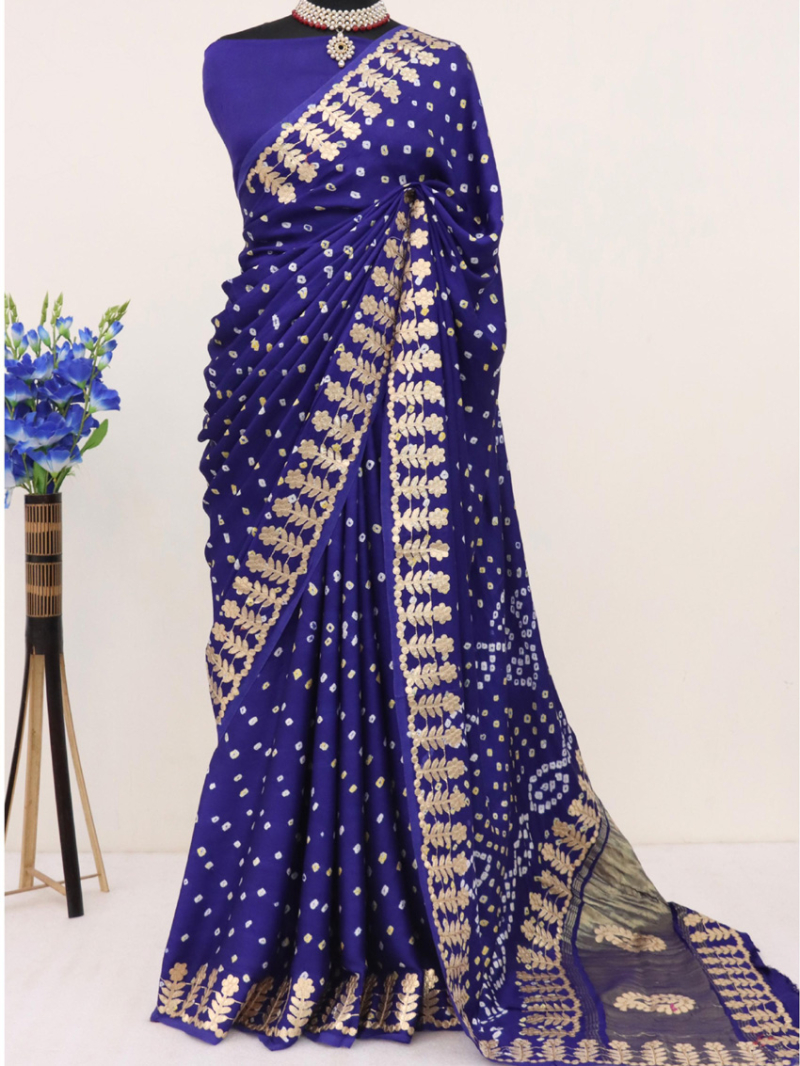 Elegant Ethnic Royal Blue Gaji Silk Bandhani Saree 