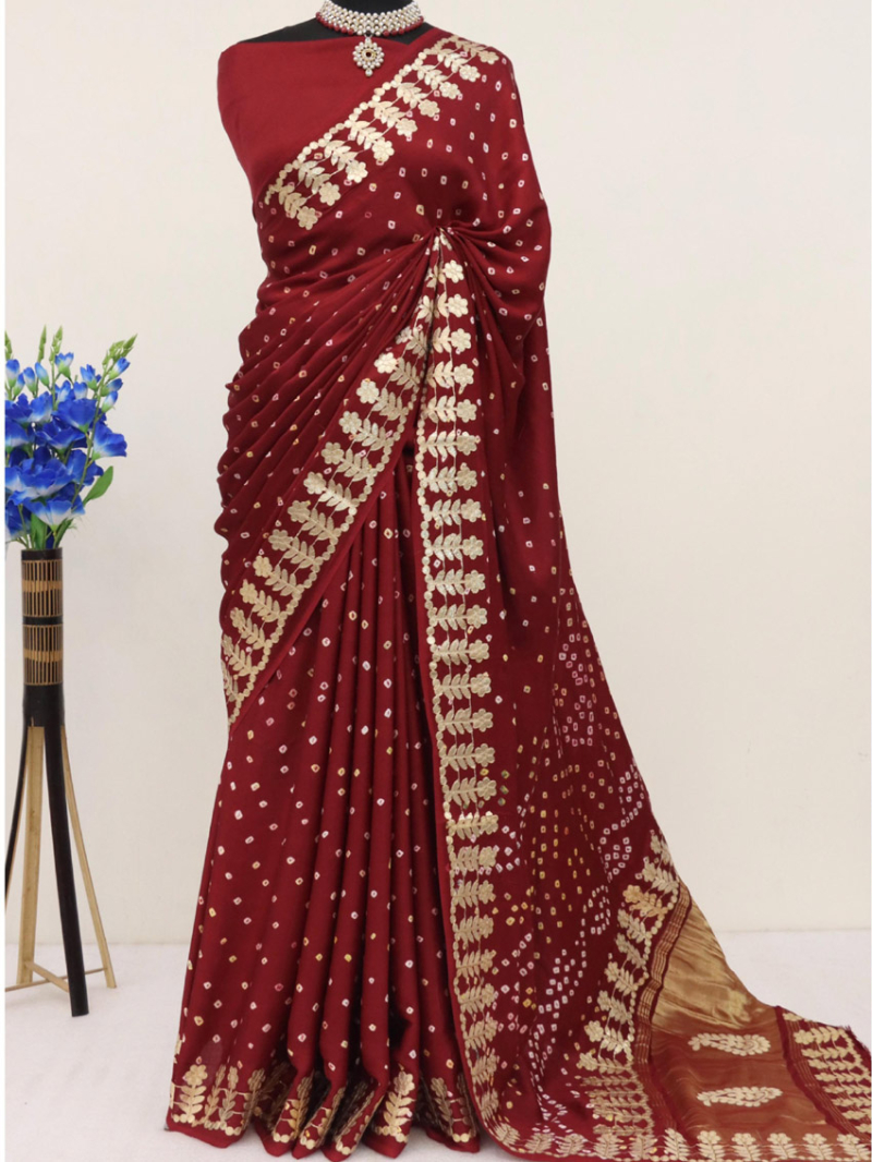 Traditional Festive Royal Maroon Gaji Silk Bandhani Saree
