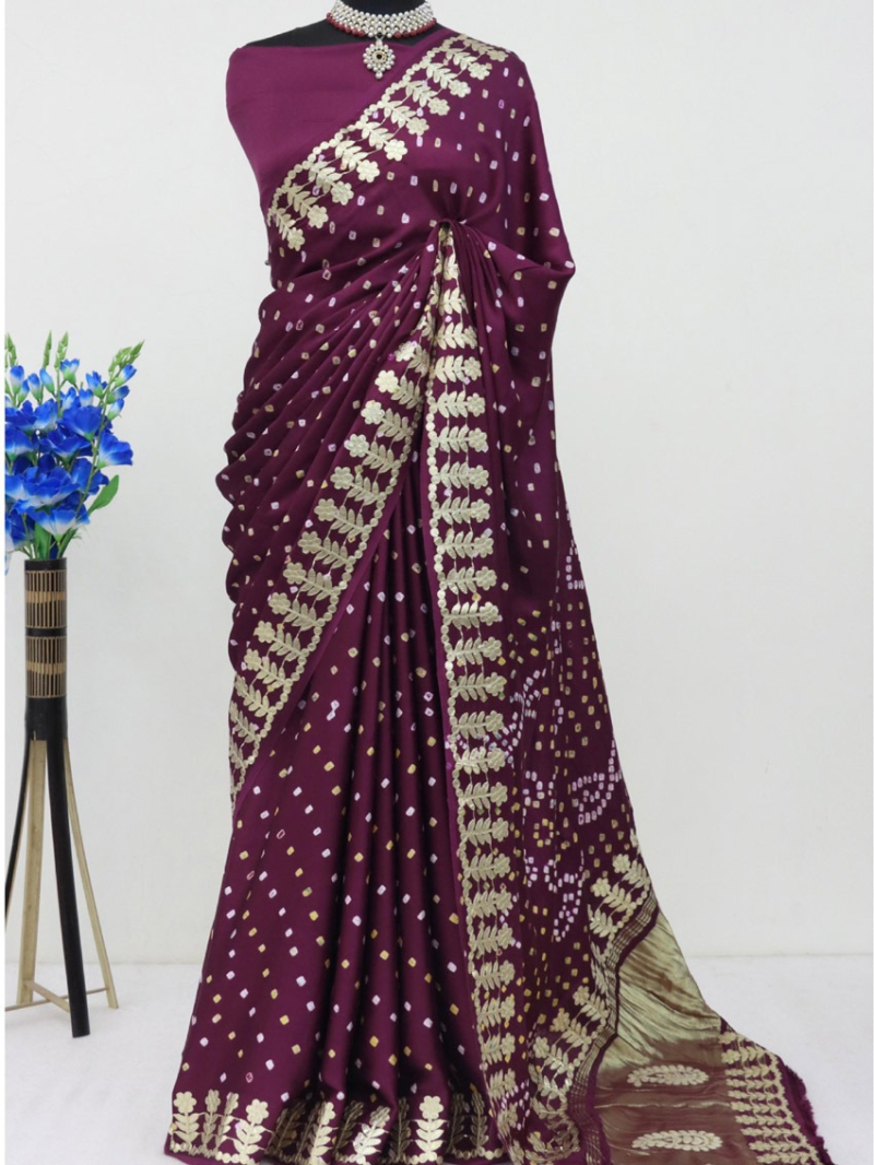 Elegant Festive Rich Purple Gaji Silk Bandhani Saree