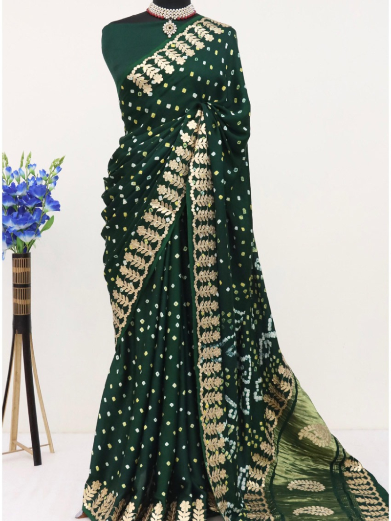Ethnic Festive Dark Green Gaji Silk Bandhani Saree