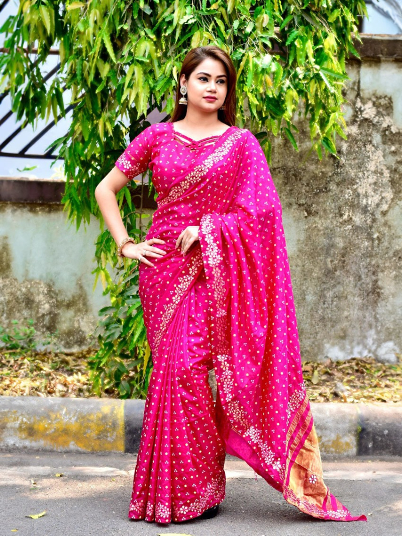 Elegant  Festive Rani Pink Silk  Saree