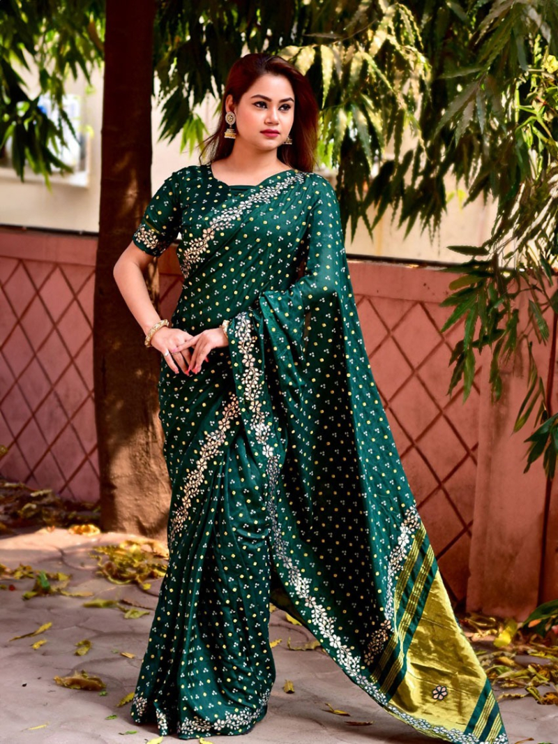 Premium Bottle Green Silk Bandhej Saree