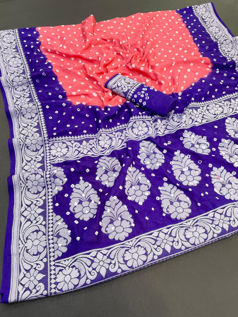 Ethnic Festive Vibrant Coral & Royal Purple Dola Silk Saree 