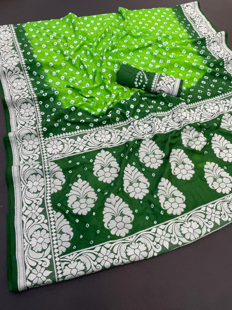 Dual-Tone Green Shades Dola Silk Bandhej Saree