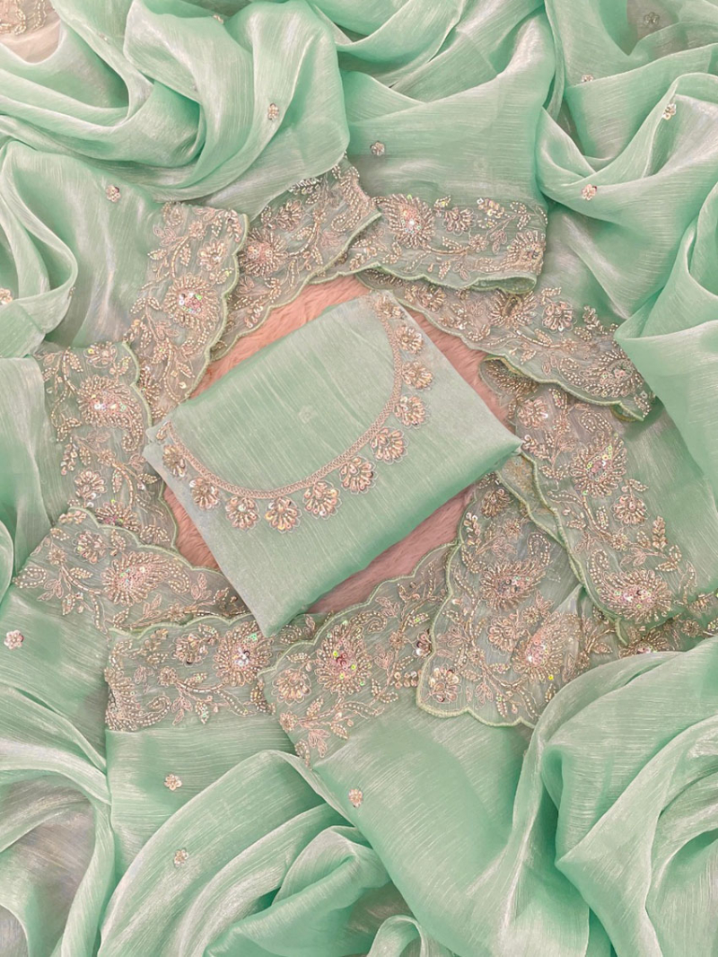 Ethnic Designer Mint Green Burberry Silk Designer Saree