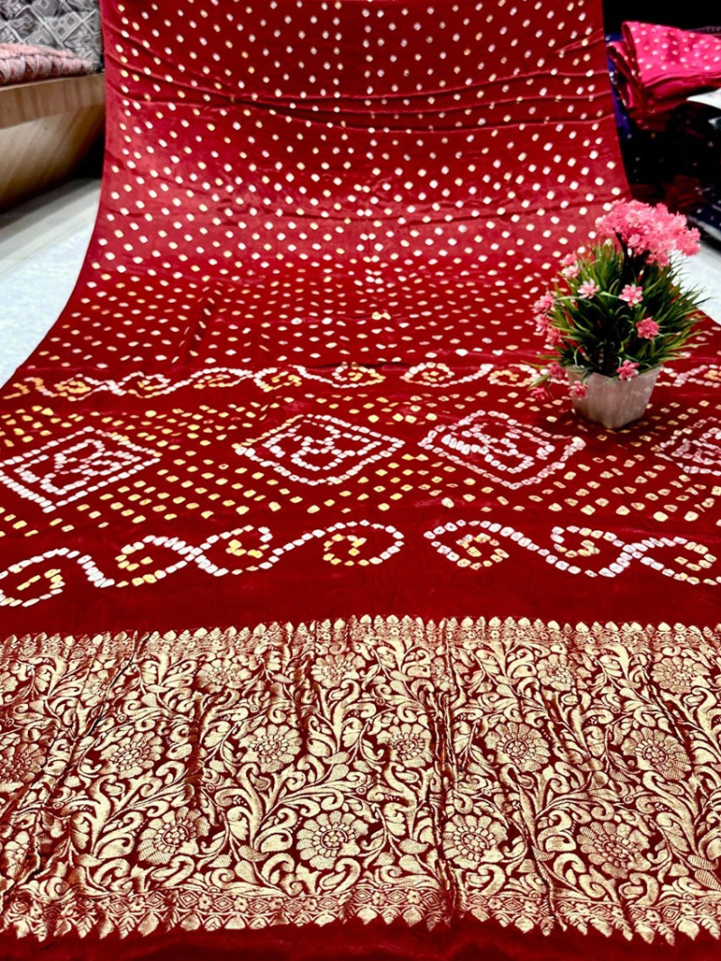 Traditional Festive Maroon Pure Gaji Silk Bandhej Saree