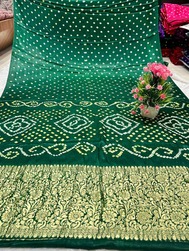 Festive Traditional Green Pure Gaji Silk Bandhej Saree