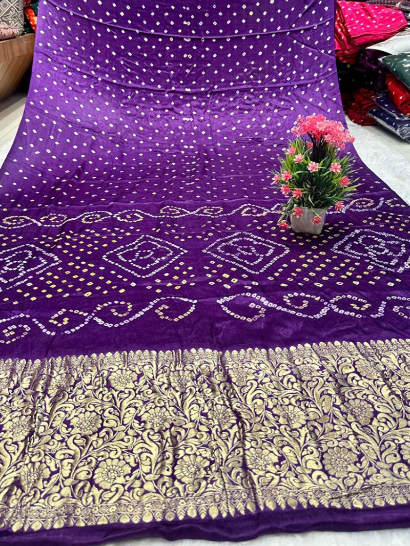 Traditional Festive Royal Purple Pure Gaji Silk Bandhej Saree