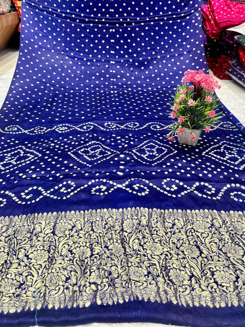 Festive Traditional Royal Blue Pure  Gaji Silk Bandhej Saree