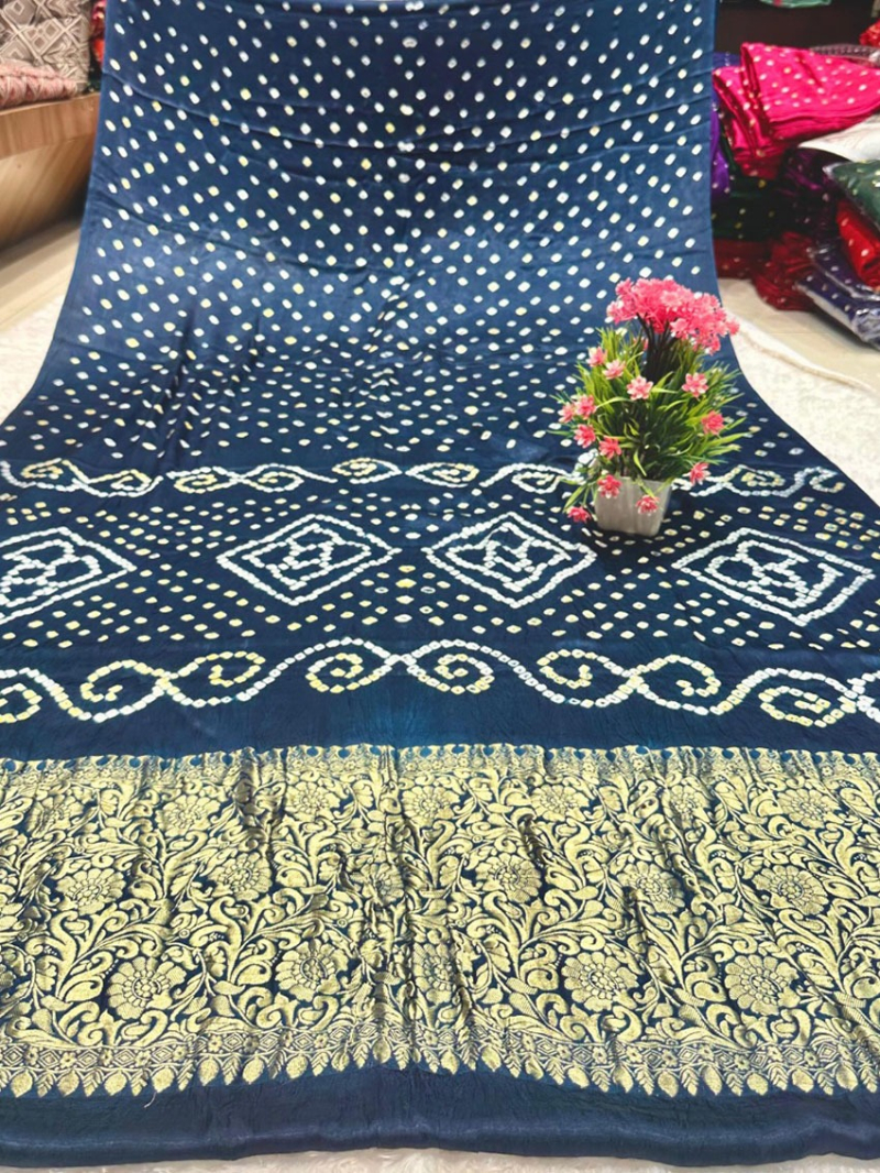  Ethnic Festive Navy Blue Pure Gaji Silk Bandhej Saree
