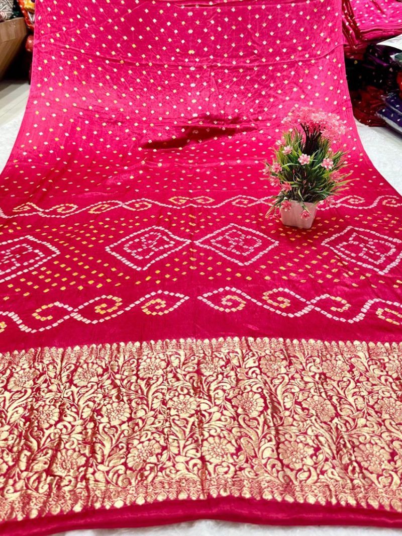 Elegant Ethnic Rani Pink Gaji Silk Bandhej Saree