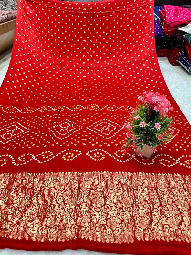 Elegant  Festive Red Gaji Silk Bandhej Saree