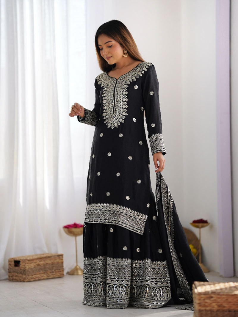 Elegant Ehtnic  Black With  Embroidered Sharara Plazo Suit
