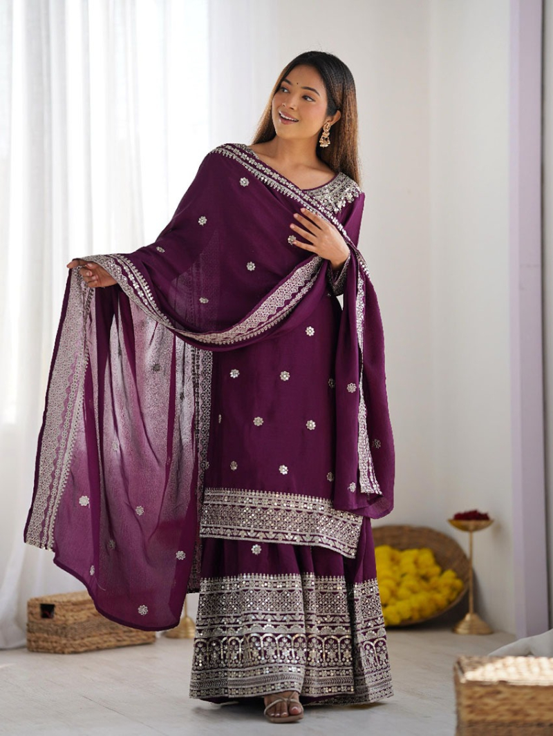 Authentic Deep Purple with Embroidered Sharara PlazoSuit