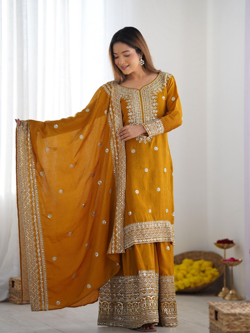 Elegant Ethnic  Mustard With Embroidered Sharara Plazo Suit 