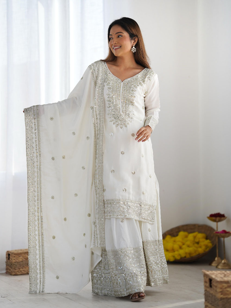 Traditional Ethanic White With Embroidered Sharara Plazo Suit