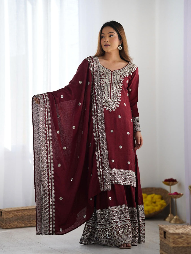 Traditional Festive Maroon With Embroidered Sharara plazo Suit