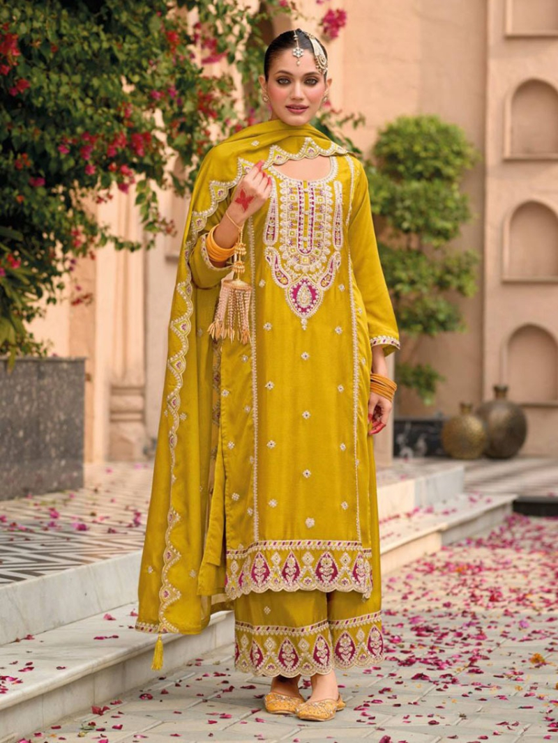 Heavy Traditional Festive Mustard Embroidered Plazo Suit