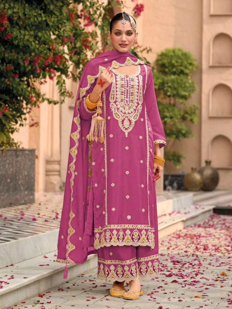 Heavy Traditional Rose Pink with Embroidered Plazo Suit