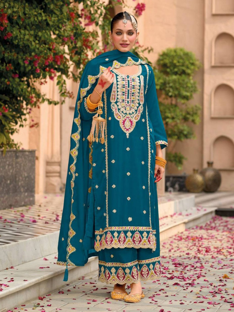 Elegant Traditional Teal Blue With Embroidered Plazo Suit