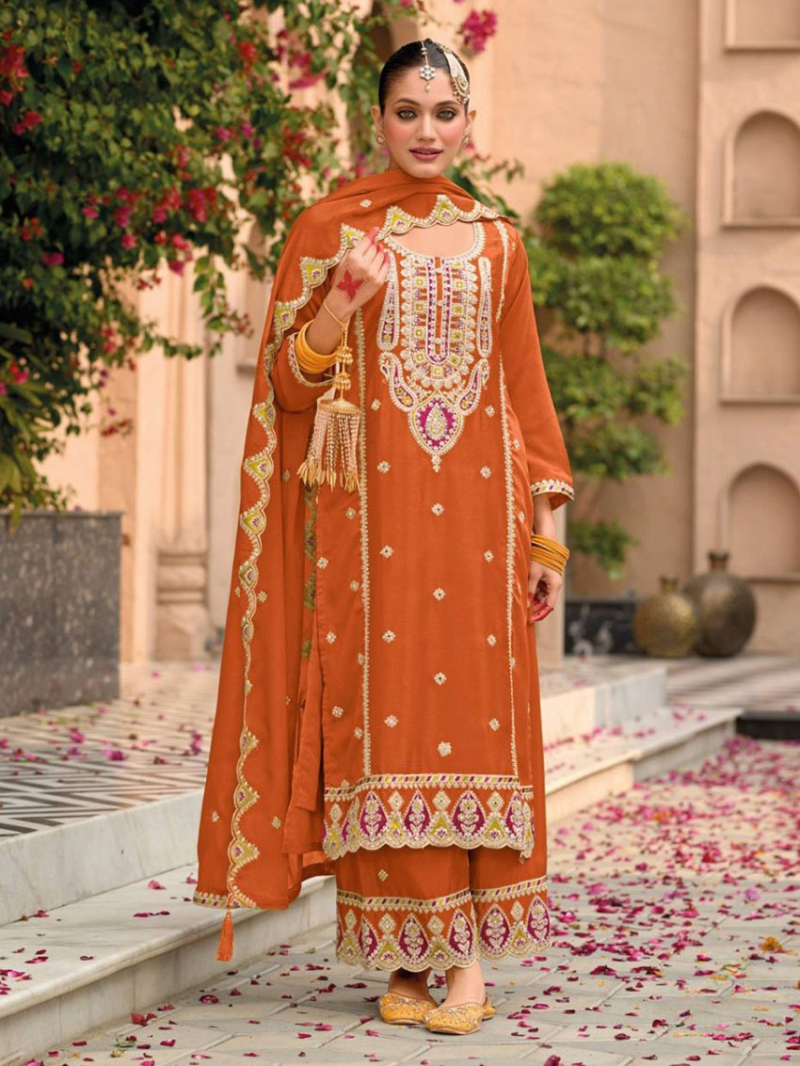 Authentic Elegant Traditional Rust  Embroidered Plazo Suit