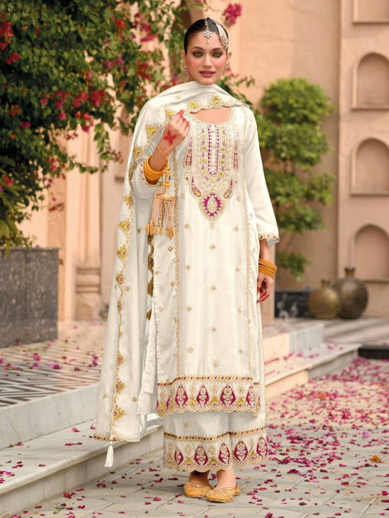 Heavy Traditional Off white With Embroidered Plazo Suit