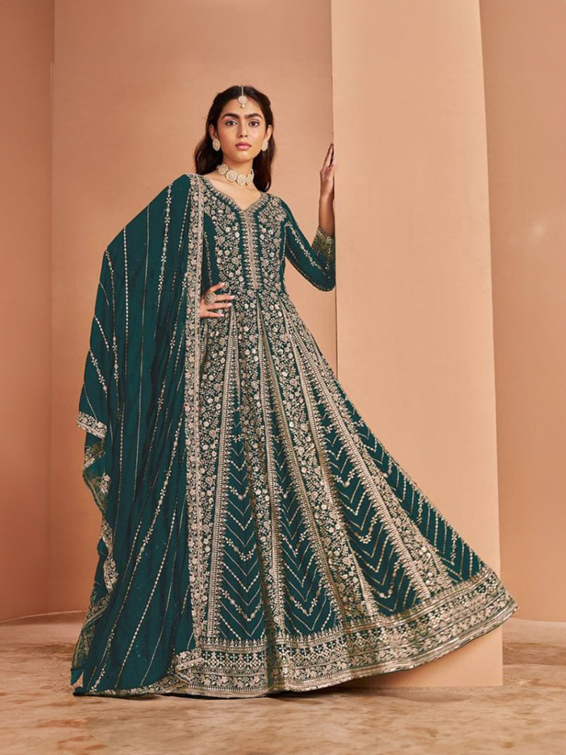 Heavy Wedding Embroidered Green Georgette Anarkali Suit