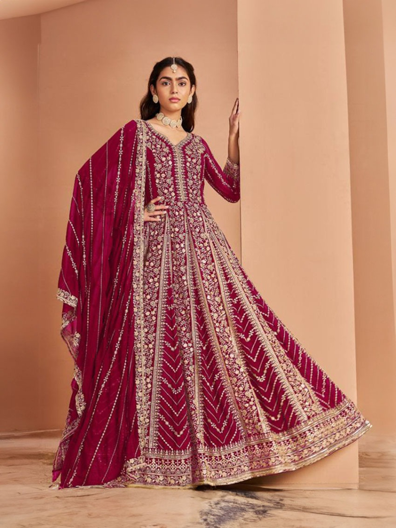 Heavy Embroidered Traditional Rani Pink Georgette Anarkali Suit